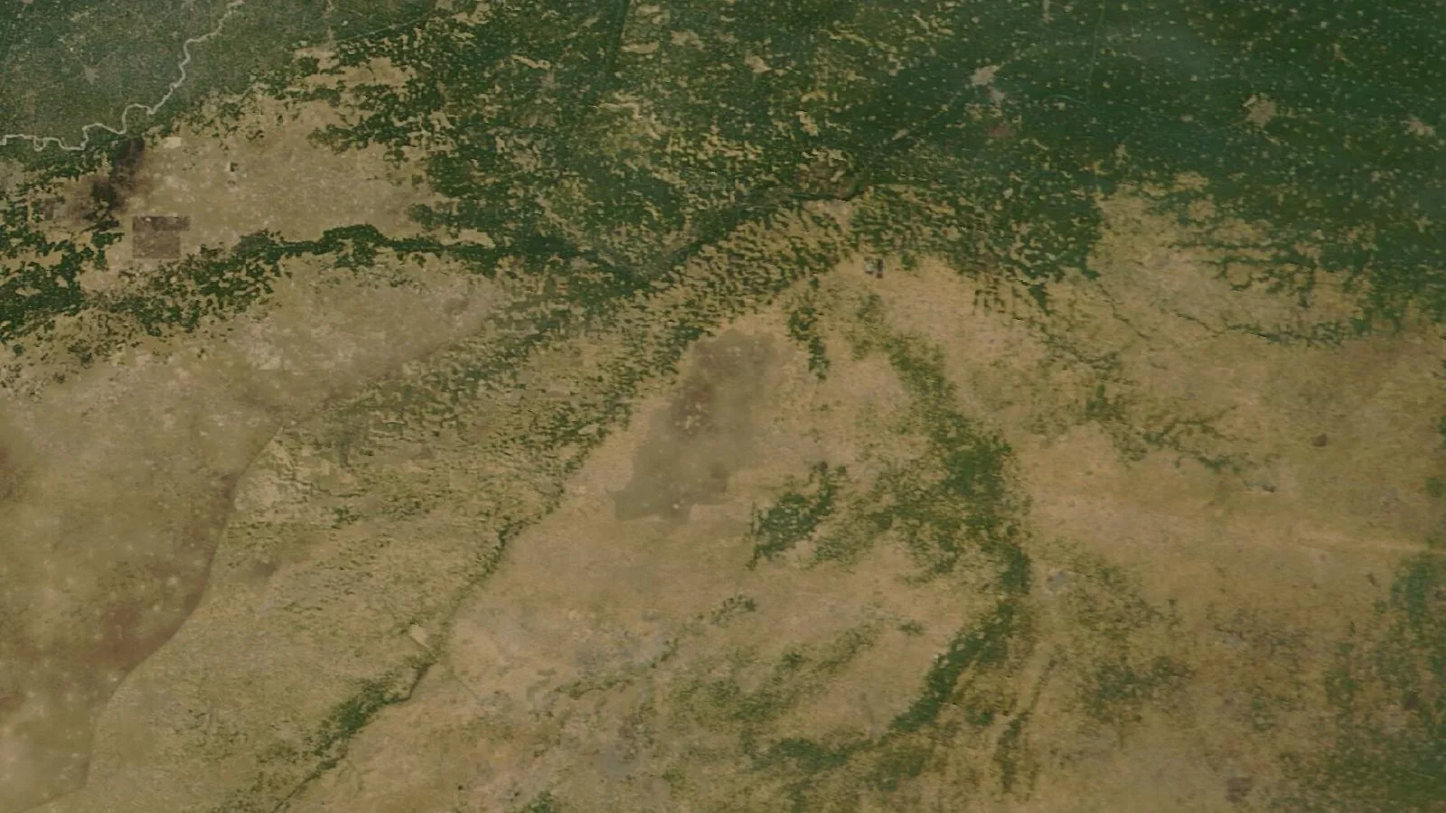 Satellite image of the same area, March 2025: a network of green farmland now reaches far south into the desert.